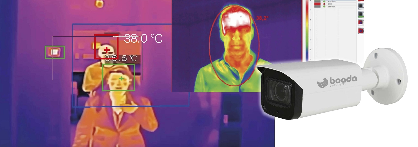 STOPTEMP Càmera de detecció de temperatura com a mesura de contenció del COVID-19.
Detecta persones amb febre o en un rang de temperatura determinat.
Análisi simultani de front, ulls i orelles.
